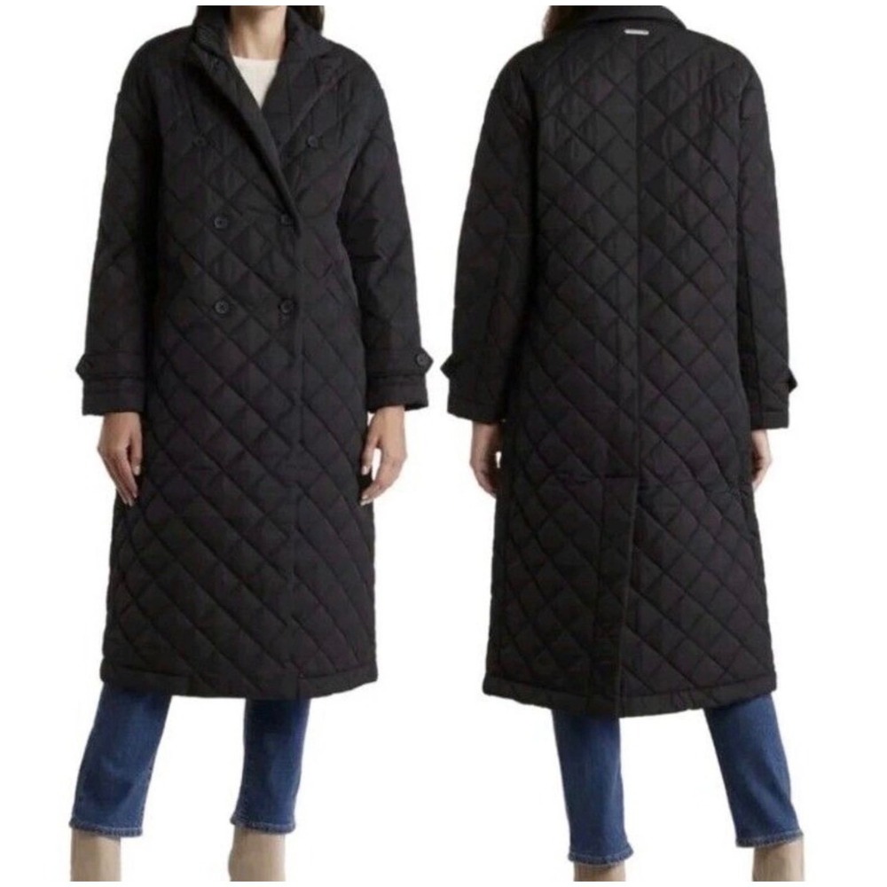 Rebecca Minkoff Sz M Black Quilted Double Breasted Longline Coat Jacket